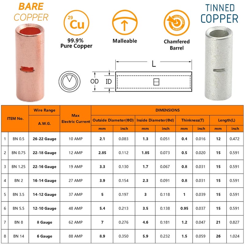 SVAAR 500PCS Non Insulated Butt Connectors 6-26 Gauge Butt Splice Kit 6-26 Gauge Wire Butt Splice, Marine Grade Tinned Copper Crimp Connectors for 26-6 AWG Wiring Uninsulated Butt Terminals - Image 5